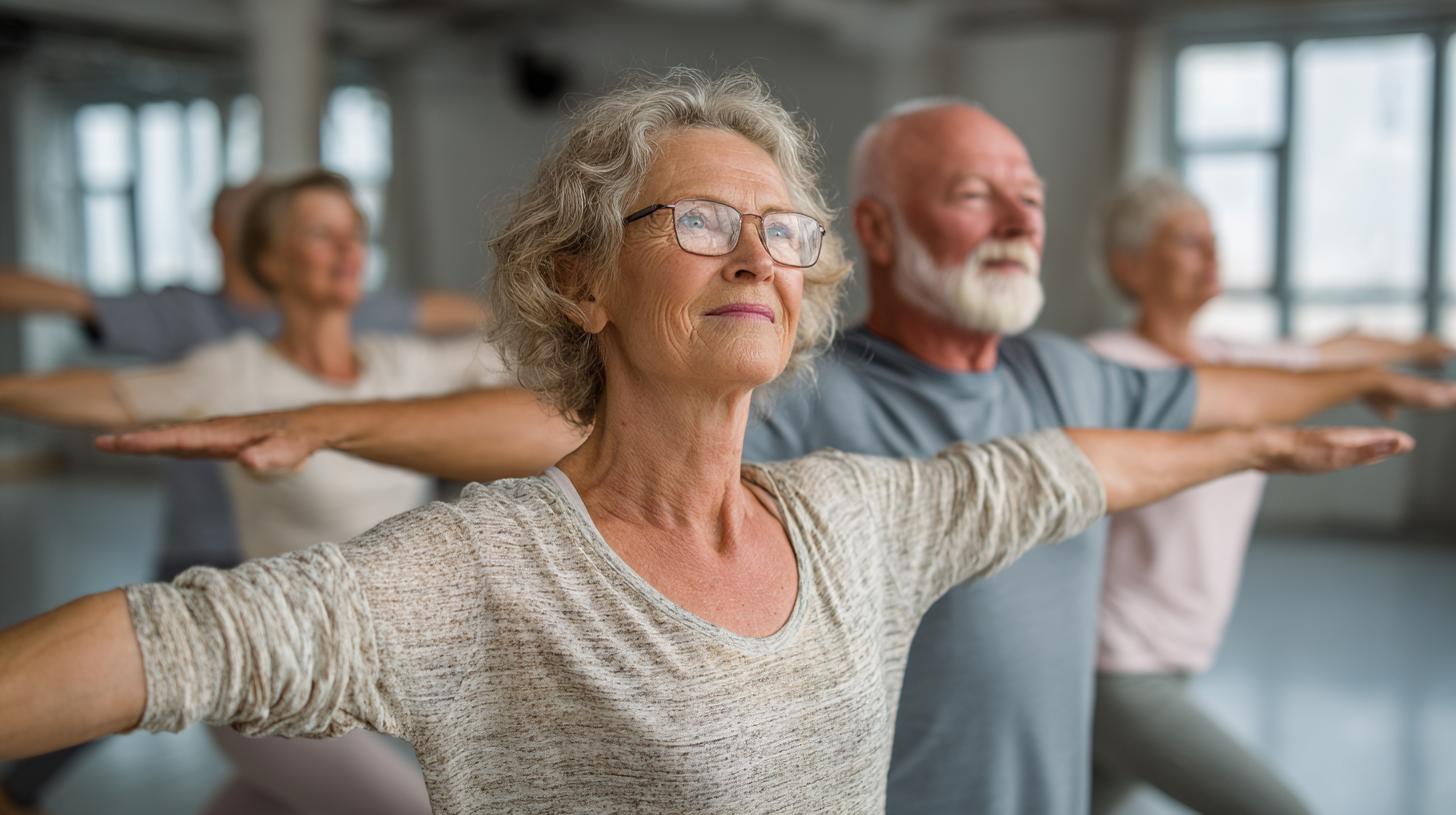 Persoane senior practicând yoga